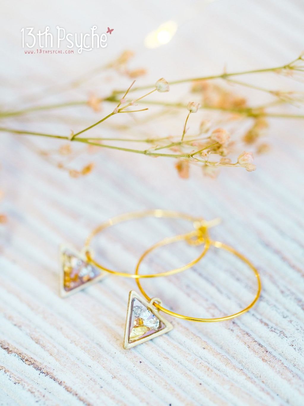 Handmade Hypoallergenic gold hoop earrings with triangle shape charm - 13th Psyche
