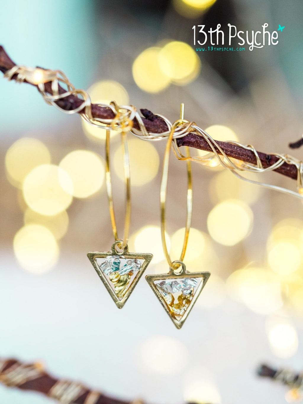 Handmade Hypoallergenic gold hoop earrings with triangle shape charm - 13th Psyche