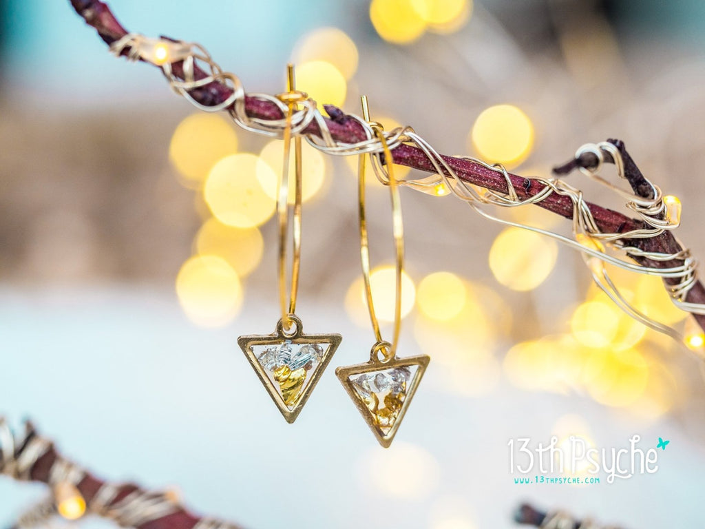 Handmade Hypoallergenic gold hoop earrings with triangle shape charm - 13th Psyche