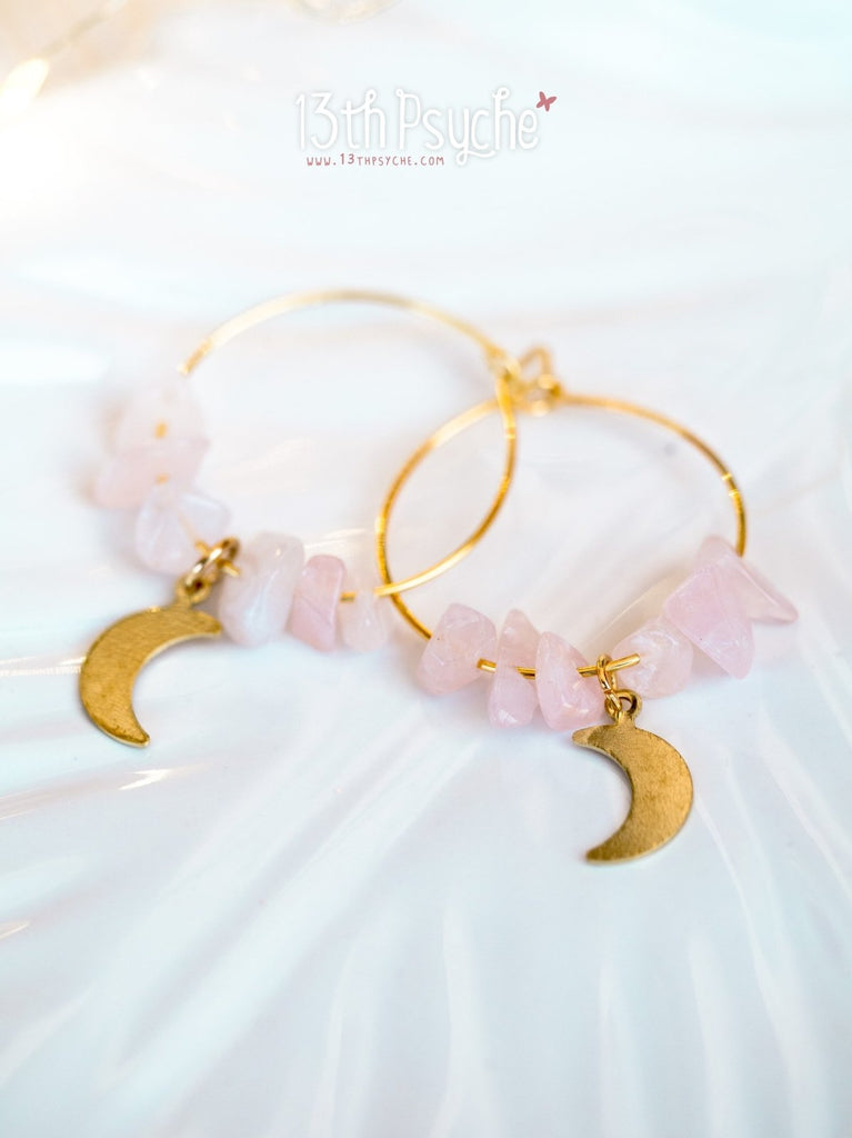 Handmade Rose quartz hoop earrings with moon or star charm - 13th Psyche