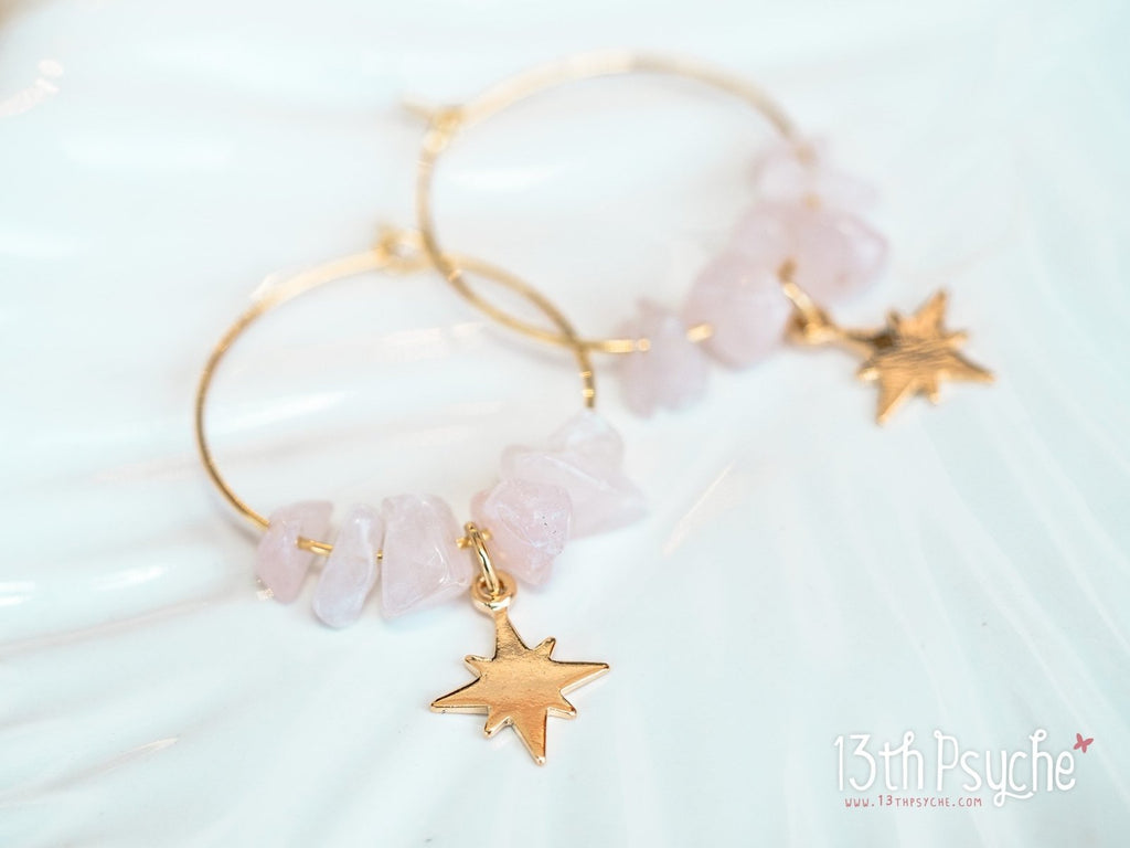 Handmade Rose quartz hoop earrings with moon or star charm - 13th Psyche
