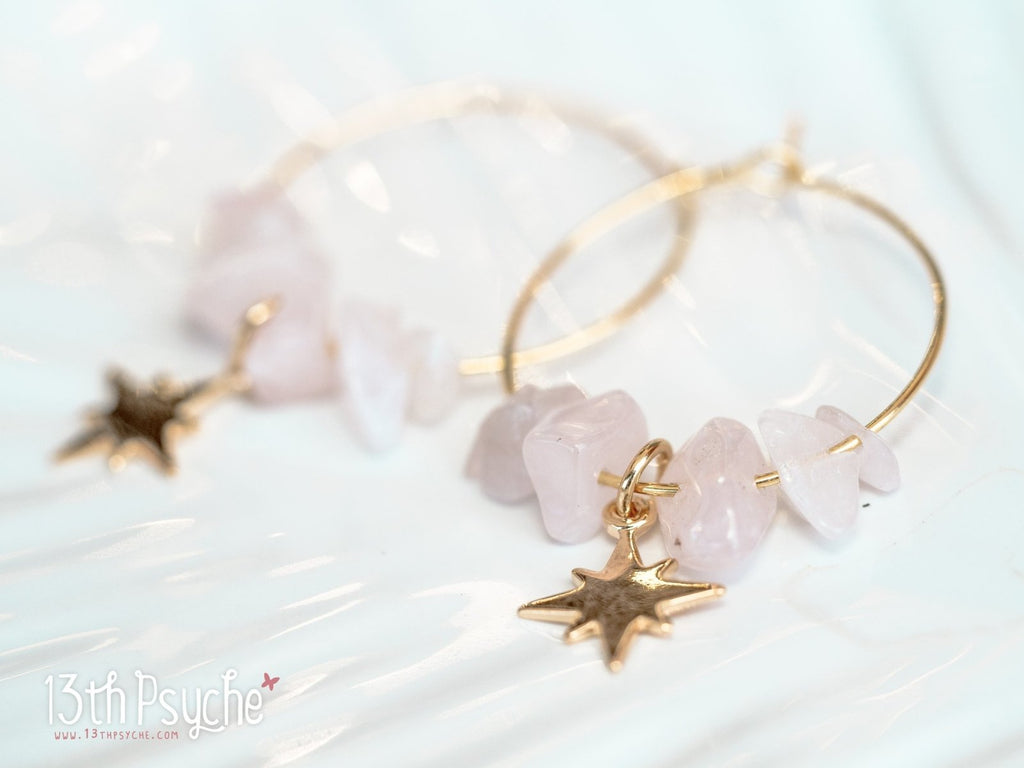Handmade Rose quartz hoop earrings with moon or star charm - 13th Psyche