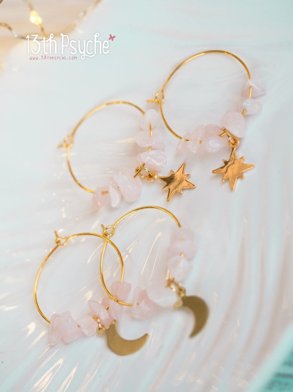 Handmade Rose quartz hoop earrings with moon or star charm - 13th Psyche