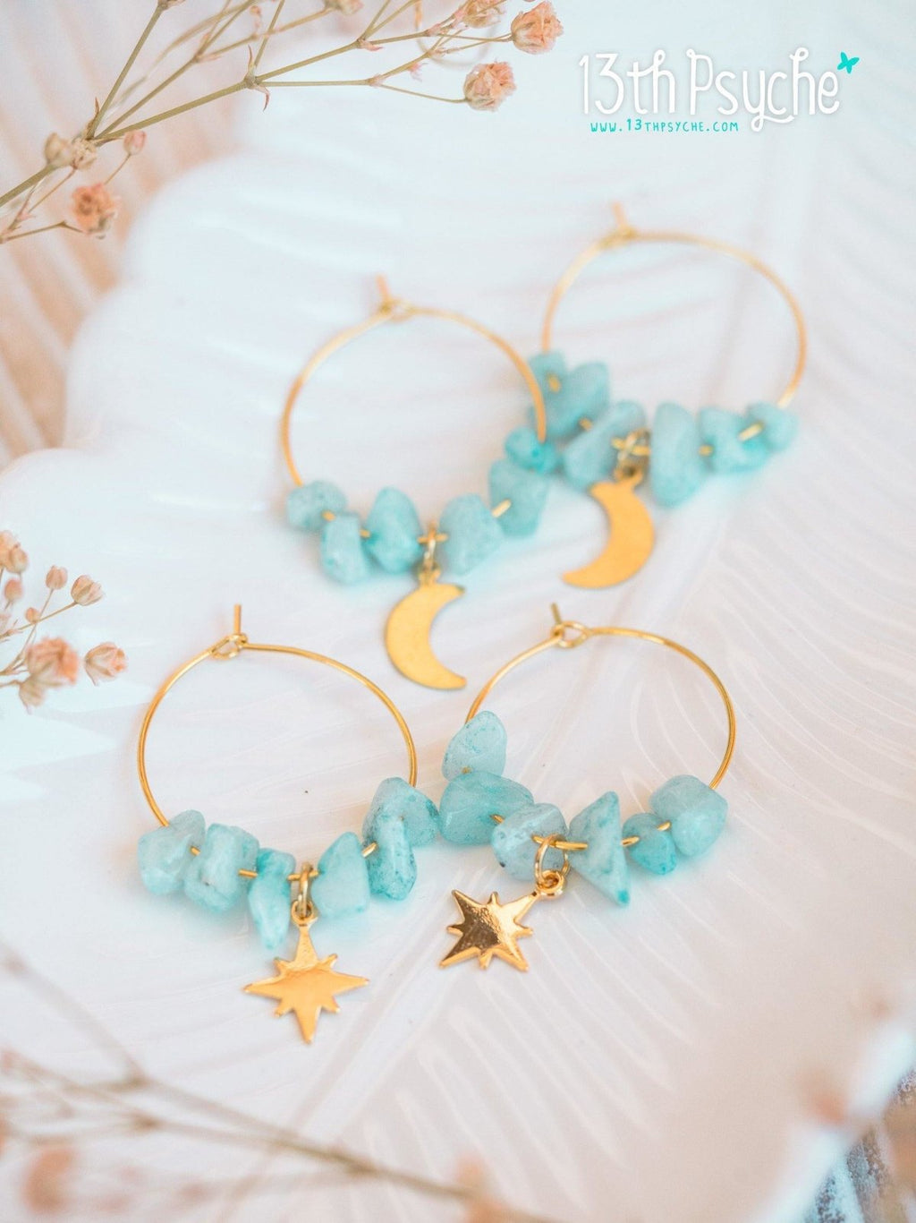 Handmade Amazonite hoop earrings with moon or star charm - 13th Psyche