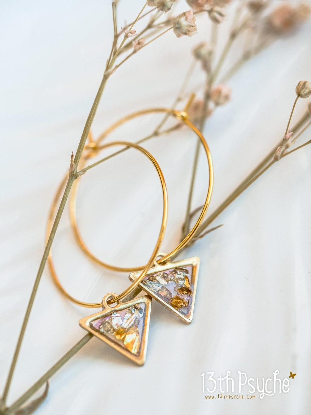 Handmade Hypoallergenic gold hoop earrings with triangle shape charm - 13th Psyche