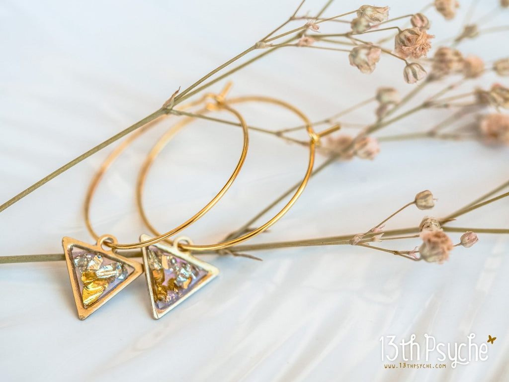 Handmade Hypoallergenic gold hoop earrings with triangle shape charm - 13th Psyche