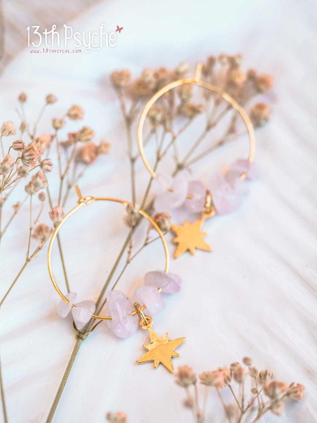 Handmade Rose quartz hoop earrings with moon or star charm - 13th Psyche