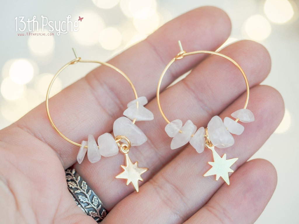 Handmade Rose quartz hoop earrings with moon or star charm - 13th Psyche