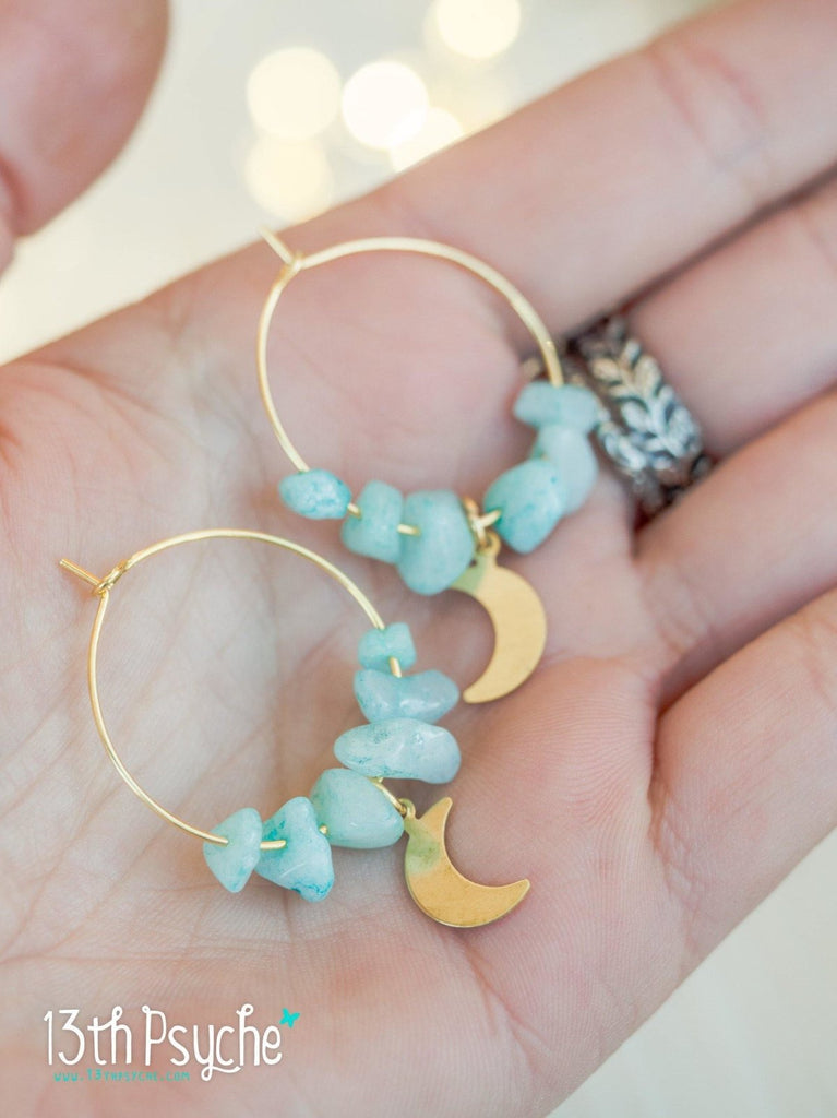 Handmade Amazonite hoop earrings with moon or star charm - 13th Psyche