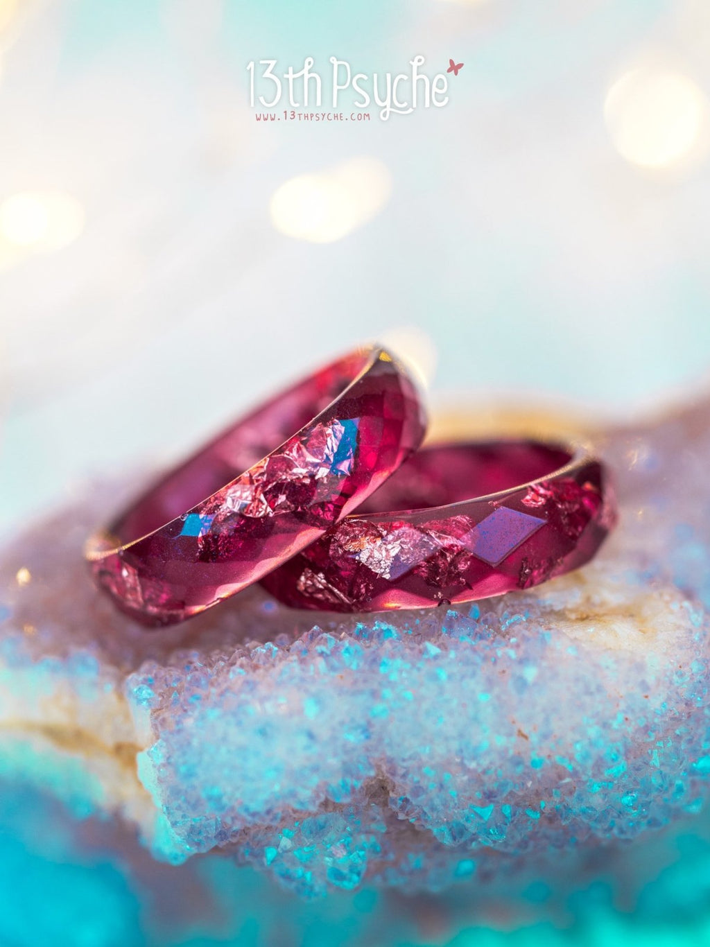 Handmade Plum and rose gold flakes faceted resin ring - 13th Psyche