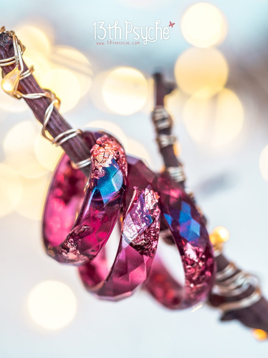 Handmade Plum and rose gold flakes faceted resin ring - 13th Psyche
