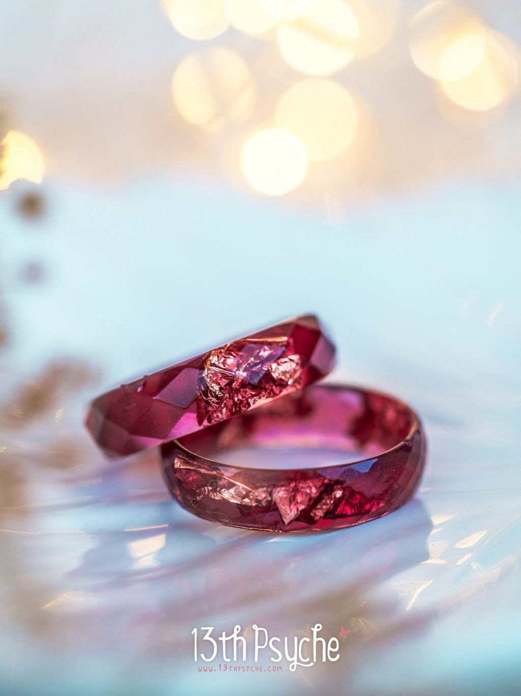 Handmade Plum and rose gold flakes faceted resin ring - 13th Psyche