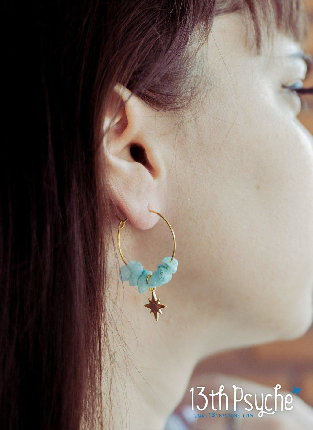 Handmade Amazonite hoop earrings with moon or star charm - 13th Psyche