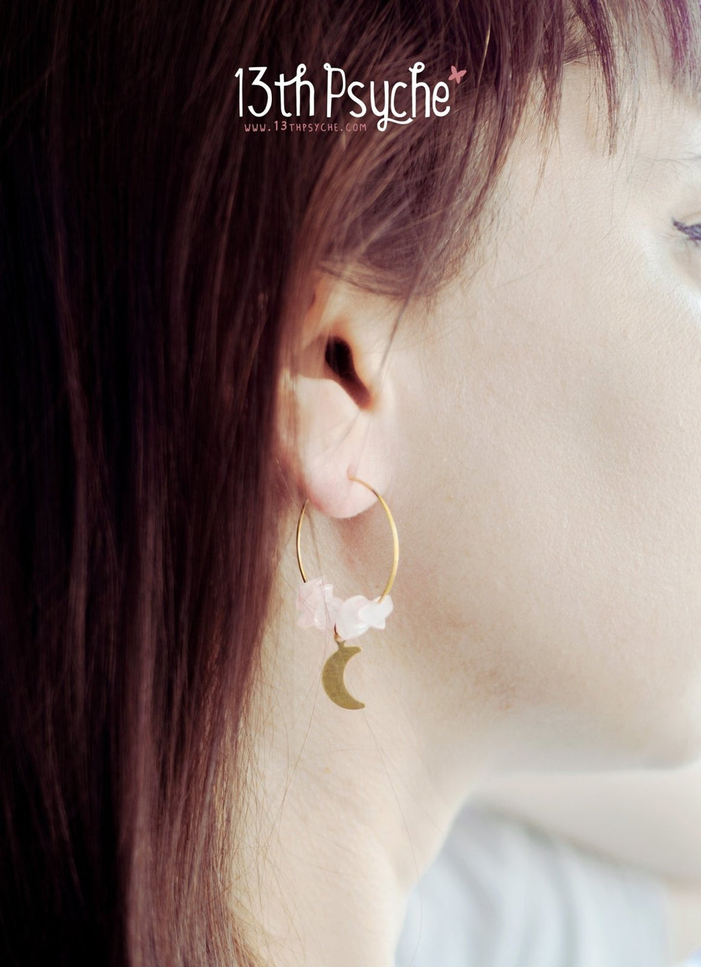 Handmade Rose quartz hoop earrings with moon or star charm - 13th Psyche