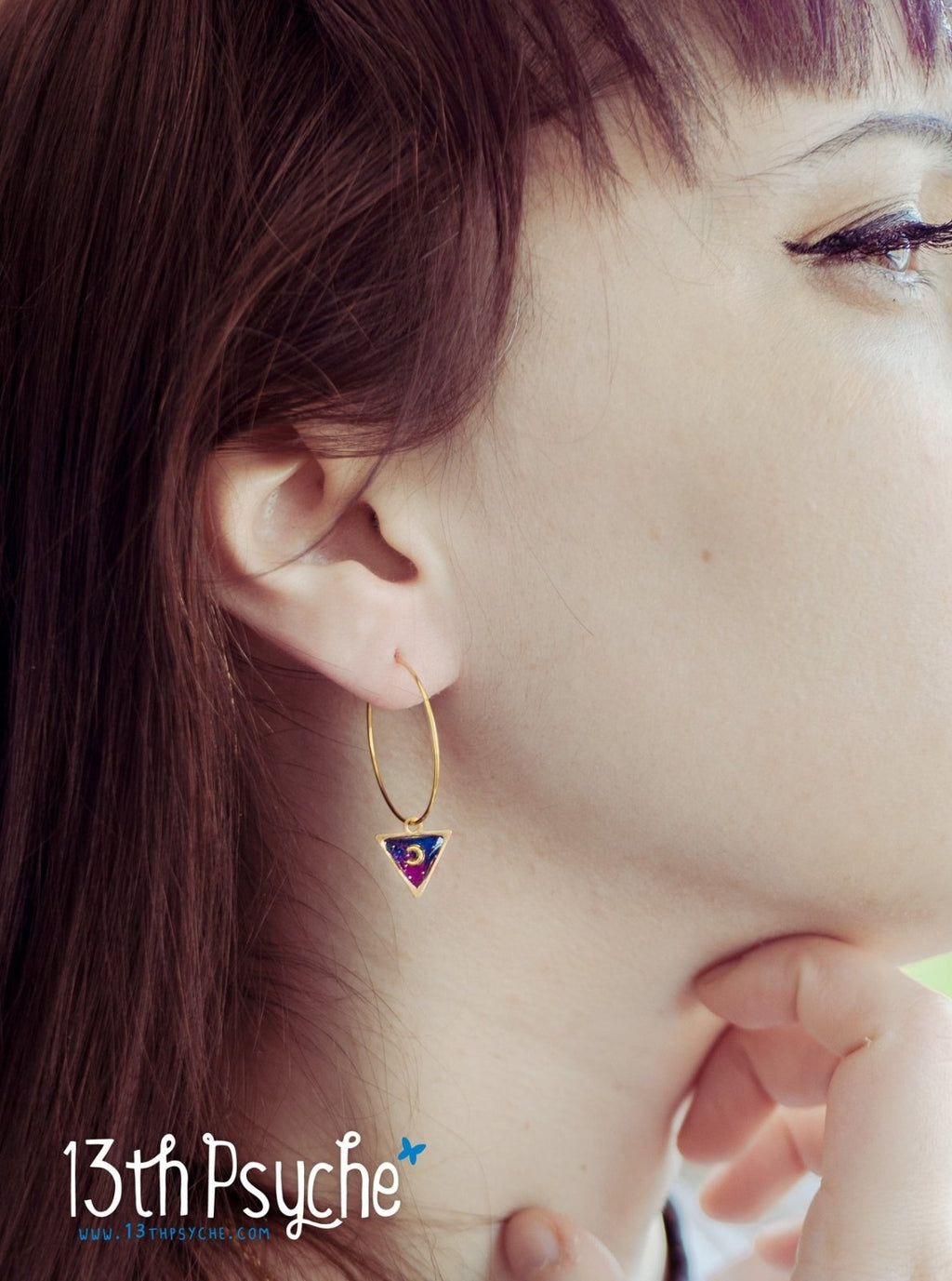 Handmade Hypoallergenic gold hoop earrings with triangle shape galaxy inspired charm - 13th Psyche