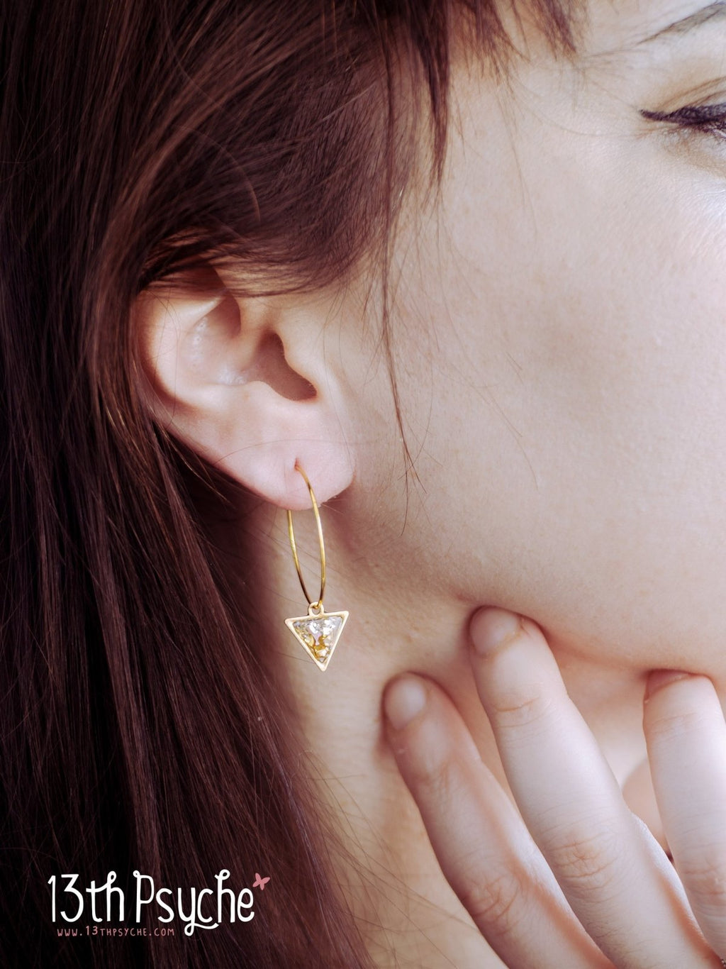 Handmade Hypoallergenic gold hoop earrings with triangle shape charm - 13th Psyche