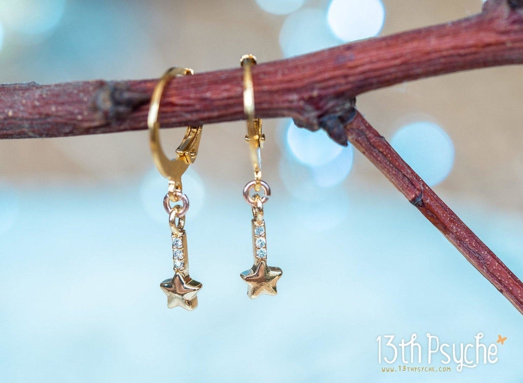 Handmade Cubic Zirconia shooting stars gold huggie hoop earrings - 13th Psyche