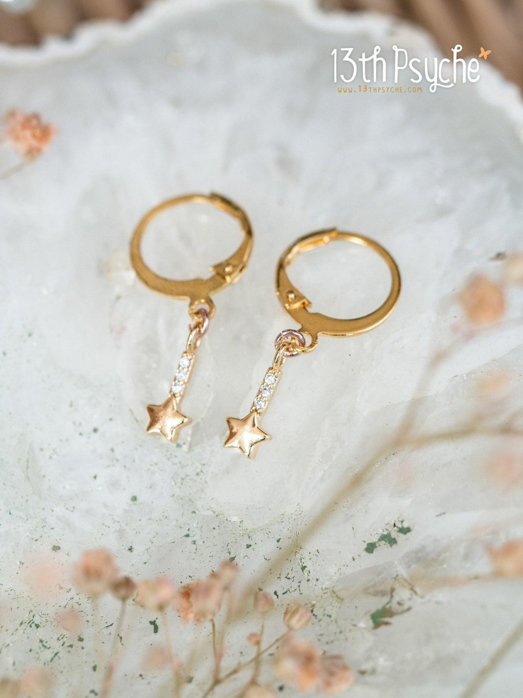 Handmade Cubic Zirconia shooting stars gold huggie hoop earrings - 13th Psyche