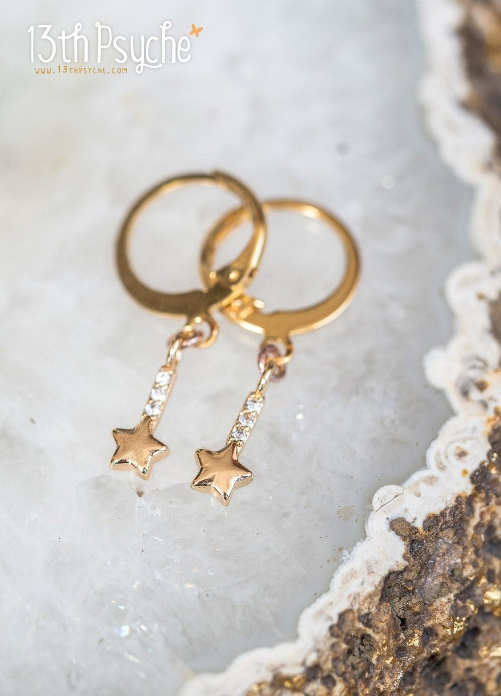 Handmade Cubic Zirconia shooting stars gold huggie hoop earrings - 13th Psyche