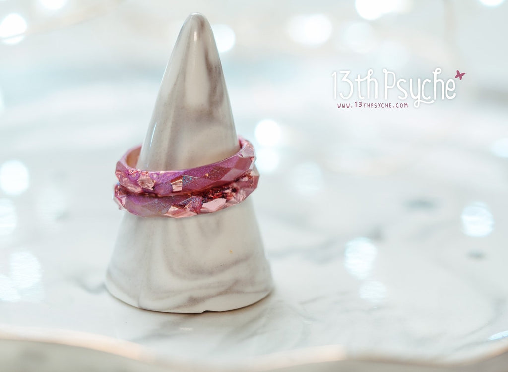 Handmade Iridescent pink faceted resin ring with pink metal flakes - 13th Psyche