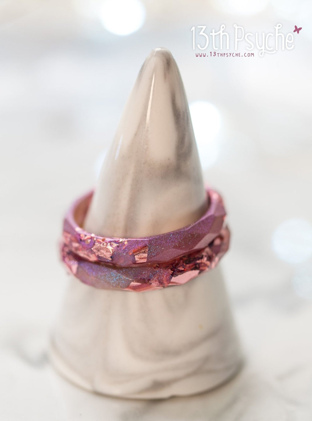 Handmade Iridescent pink faceted resin ring with pink metal flakes - 13th Psyche