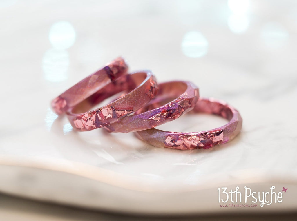 Handmade Iridescent pink faceted resin ring with pink metal flakes - 13th Psyche