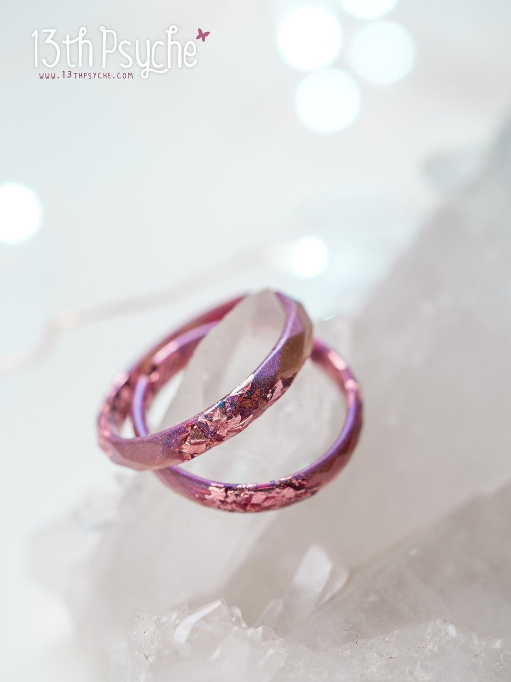 Handmade Iridescent pink faceted resin ring with pink metal flakes - 13th Psyche