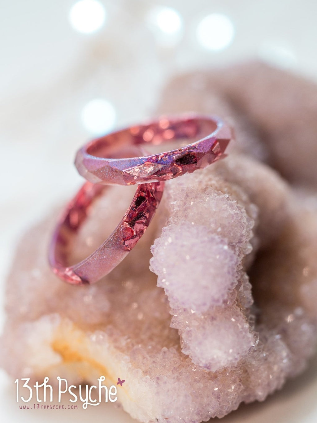 Handmade Iridescent pink faceted resin ring with pink metal flakes - 13th Psyche
