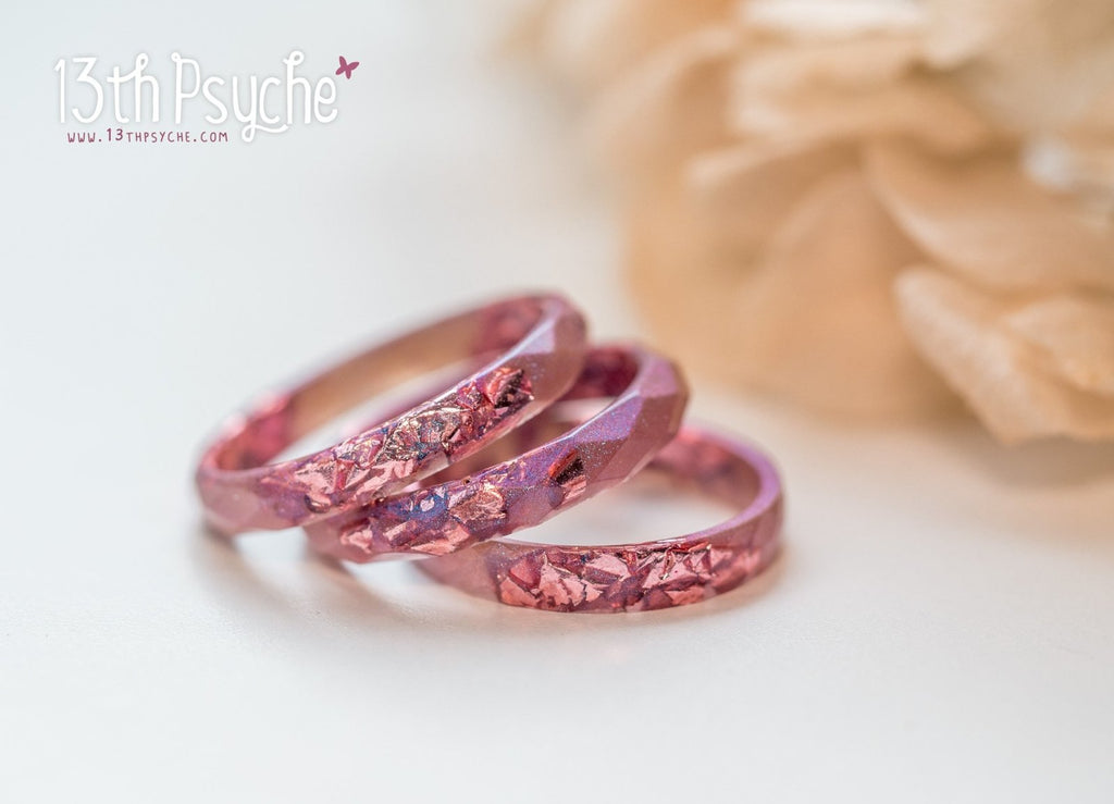 Handmade Iridescent pink faceted resin ring with pink metal flakes - 13th Psyche