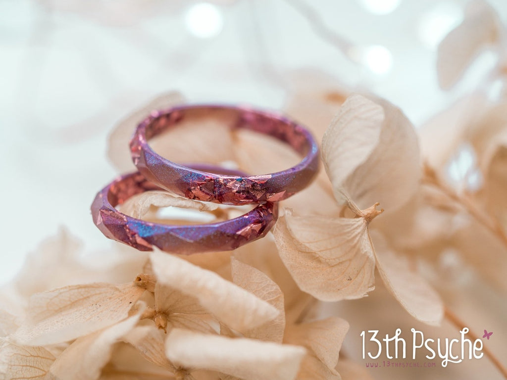 Handmade Iridescent pink faceted resin ring with pink metal flakes - 13th Psyche