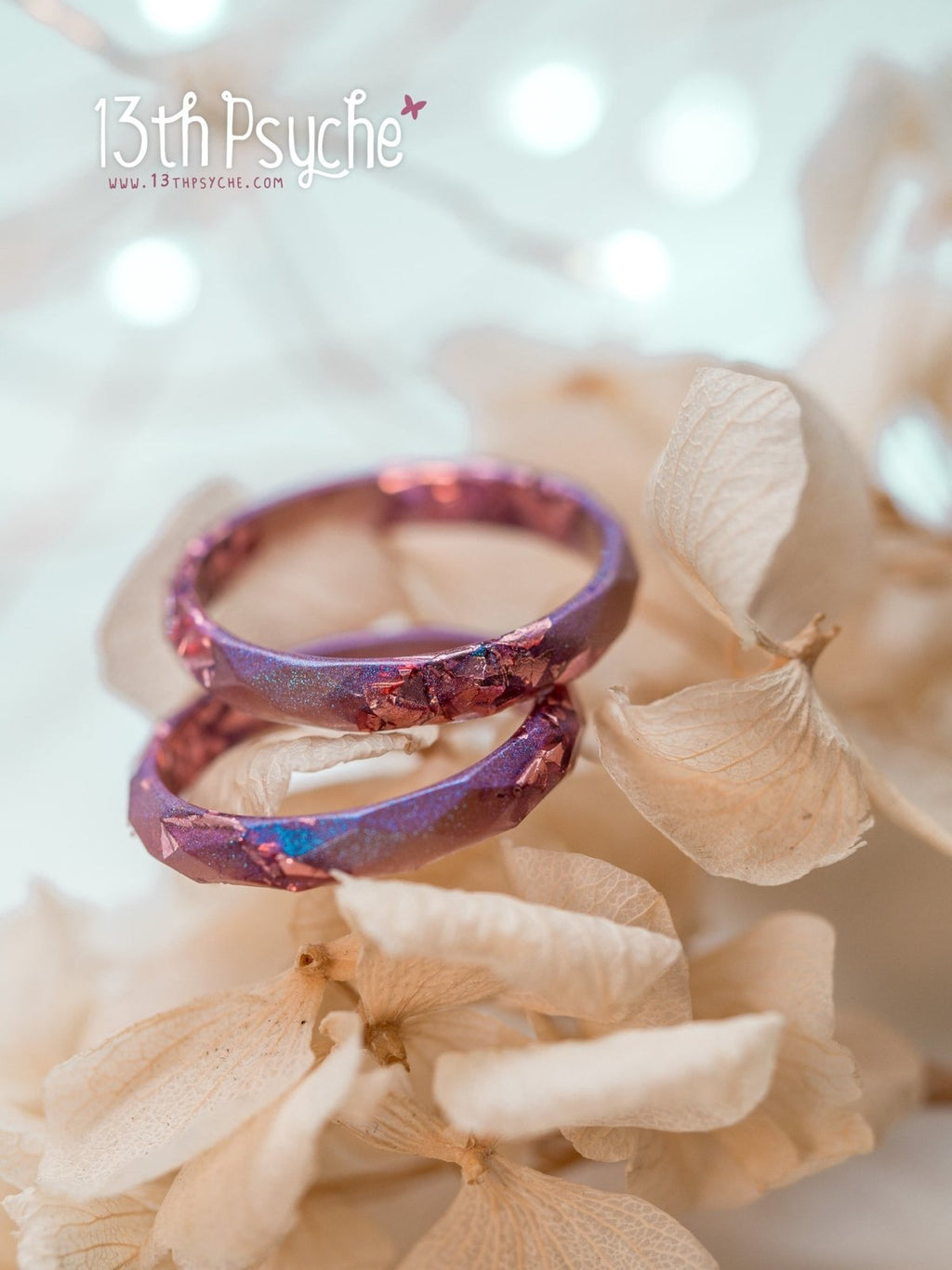 Handmade Iridescent pink faceted resin ring with pink metal flakes - 13th Psyche