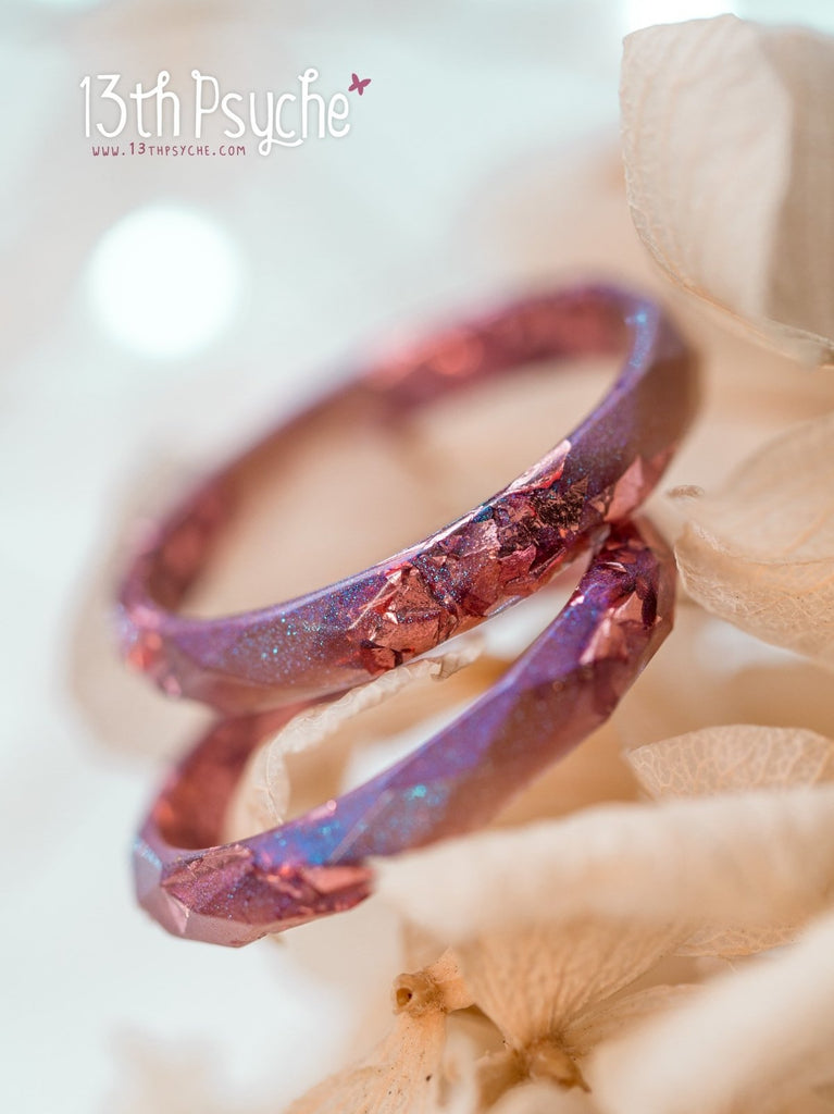 Handmade Iridescent pink faceted resin ring with pink metal flakes - 13th Psyche