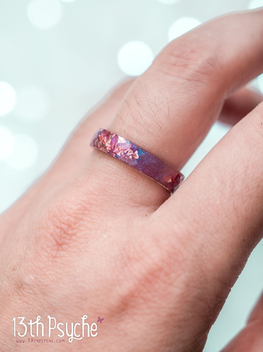 Handmade Iridescent pink faceted resin ring with pink metal flakes - 13th Psyche