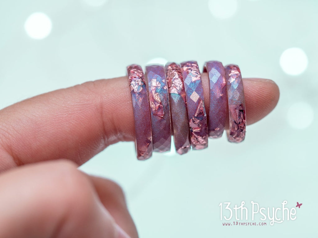 Handmade Iridescent pink faceted resin ring with pink metal flakes - 13th Psyche