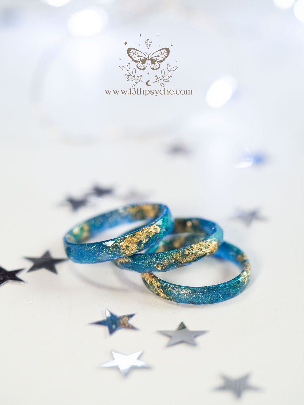 Handmade Iridescent blue faceted resin ring with gold metal flakes - 13th Psyche