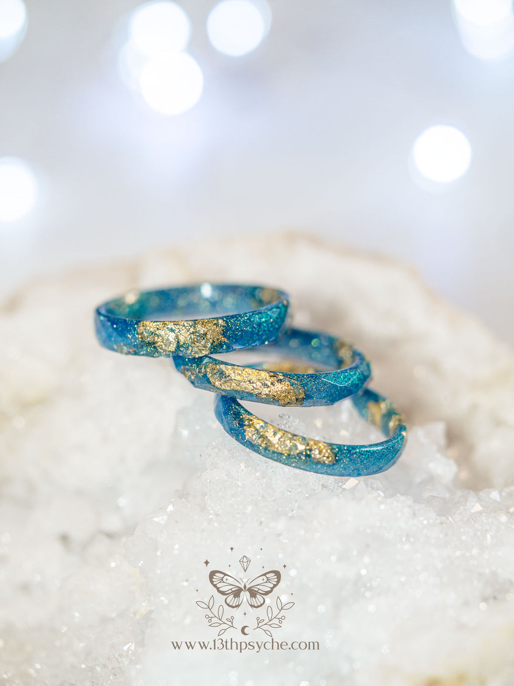 Handmade Iridescent blue faceted resin ring with gold metal flakes - 13th Psyche