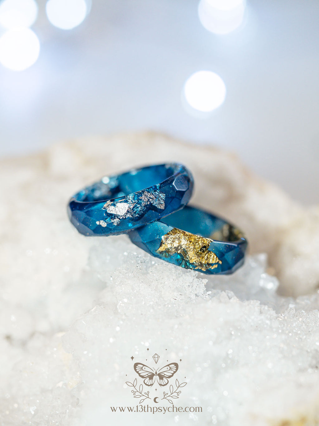 Handmade Dark Blue and gold or silver flakes faceted resin ring - 13th Psyche