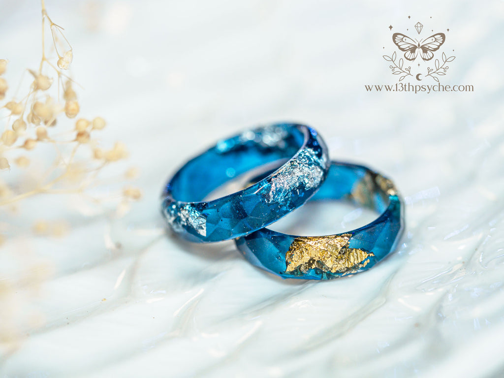 Handmade Dark Blue and gold or silver flakes faceted resin ring - 13th Psyche