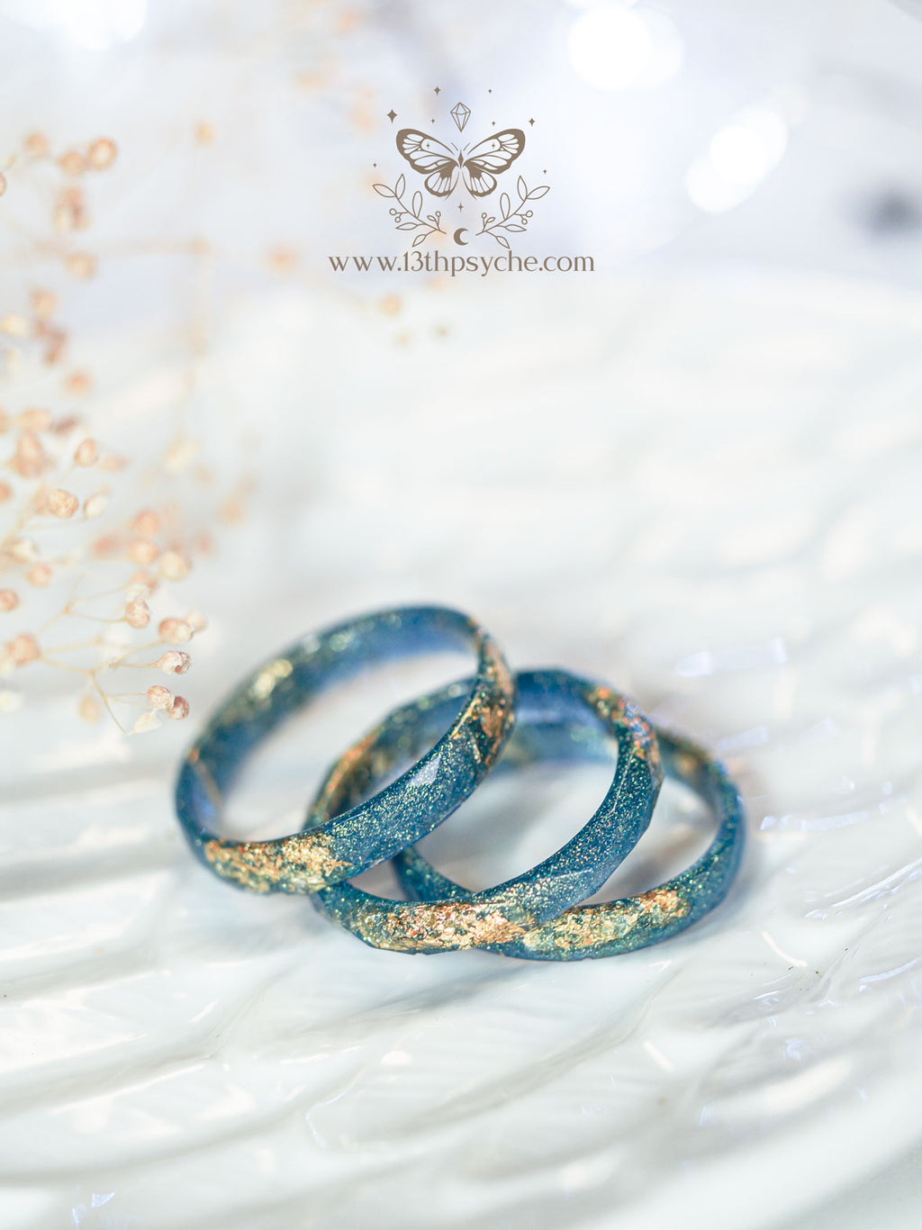 Handmade Iridescent blue faceted resin ring with gold metal flakes - 13th Psyche