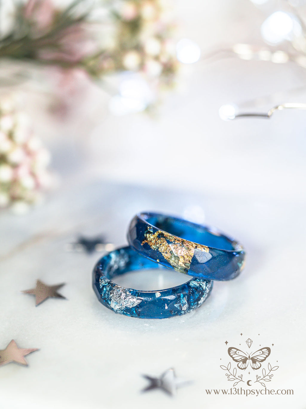 Handmade Dark Blue and gold or silver flakes faceted resin ring - 13th Psyche