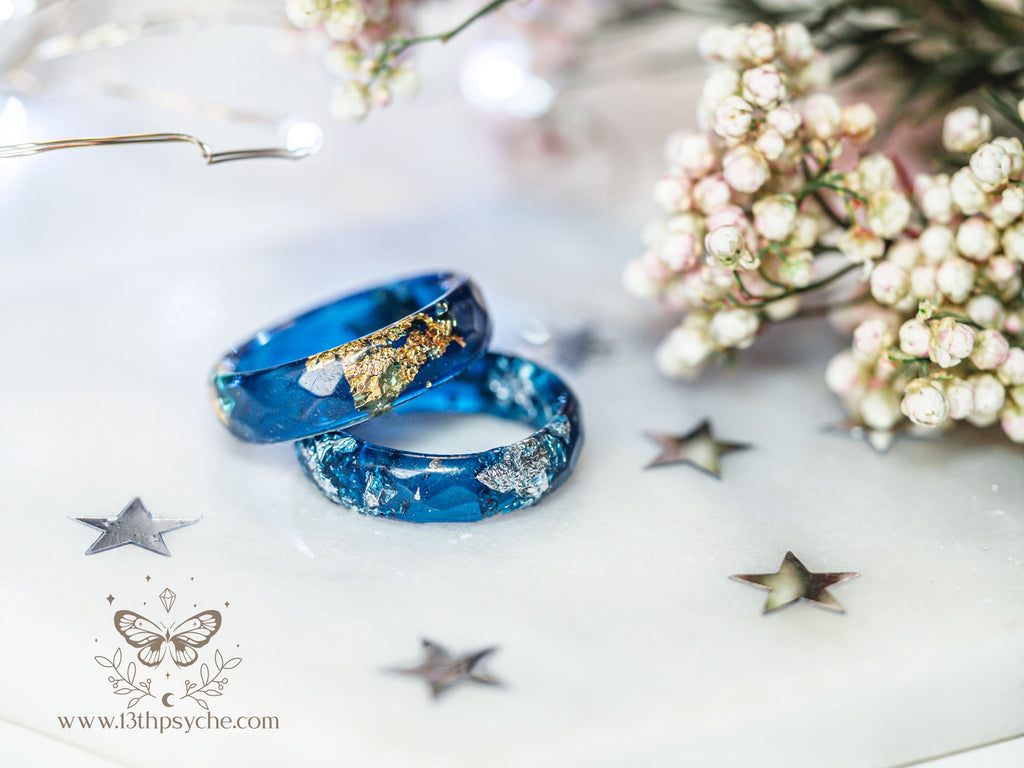 Handmade Dark Blue and gold or silver flakes faceted resin ring - 13th Psyche