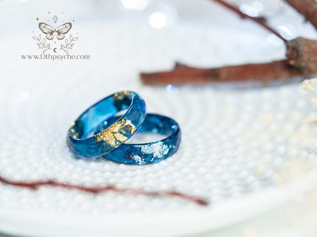 Handmade Dark Blue and gold or silver flakes faceted resin ring - 13th Psyche