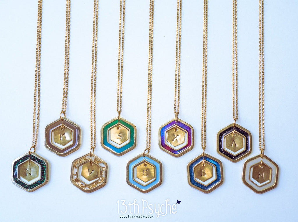 Handmade Personalized resin hexagon initial pendant necklace - 13th Psyche