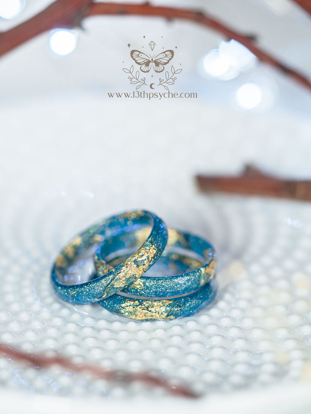 Handmade Iridescent blue faceted resin ring with gold metal flakes - 13th Psyche
