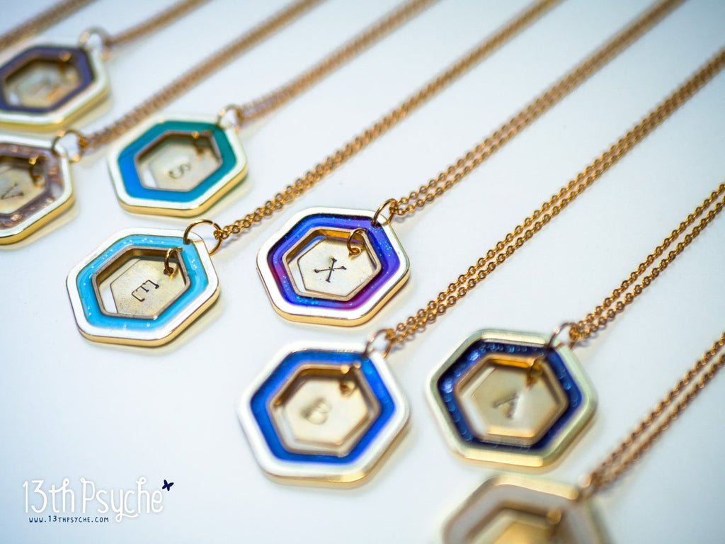 Handmade Personalized resin hexagon initial pendant necklace - 13th Psyche