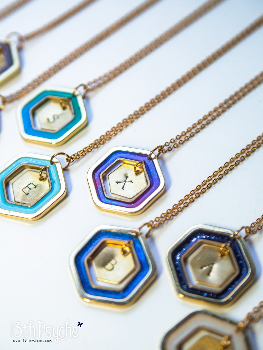 Handmade Personalized resin hexagon initial pendant necklace - 13th Psyche