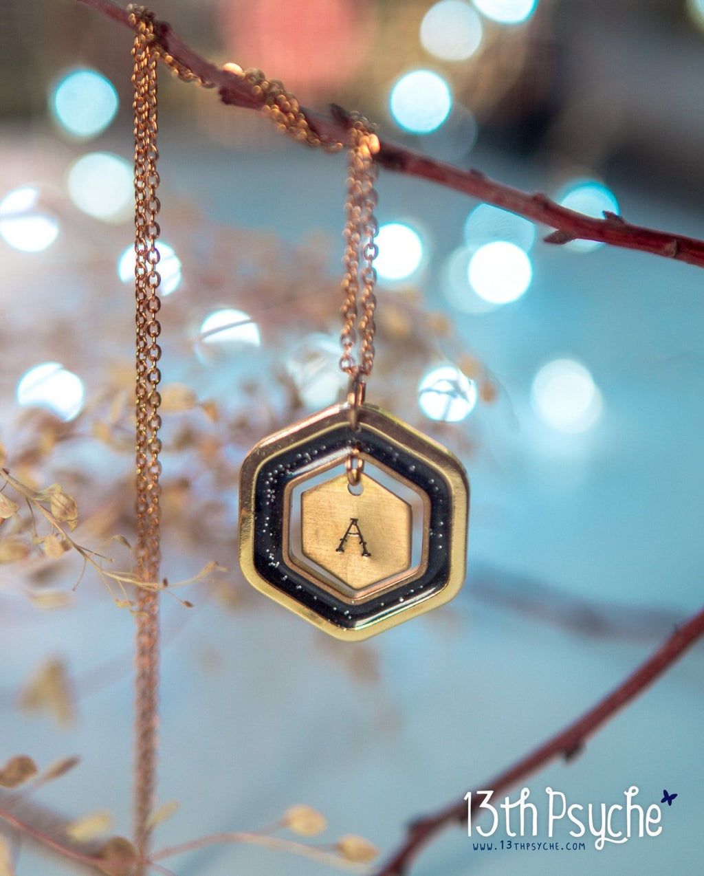 Handmade Personalized resin hexagon initial pendant necklace - 13th Psyche