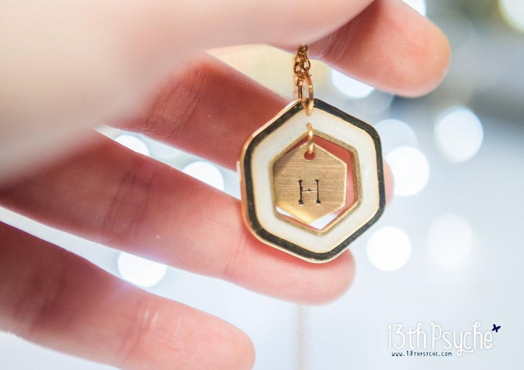 Handmade Personalized resin hexagon initial pendant necklace - 13th Psyche