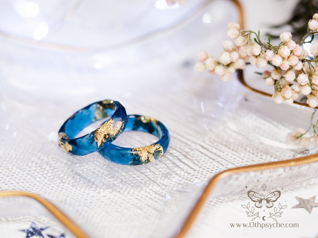 Handmade Dark Blue and gold or silver flakes faceted resin ring - 13th Psyche
