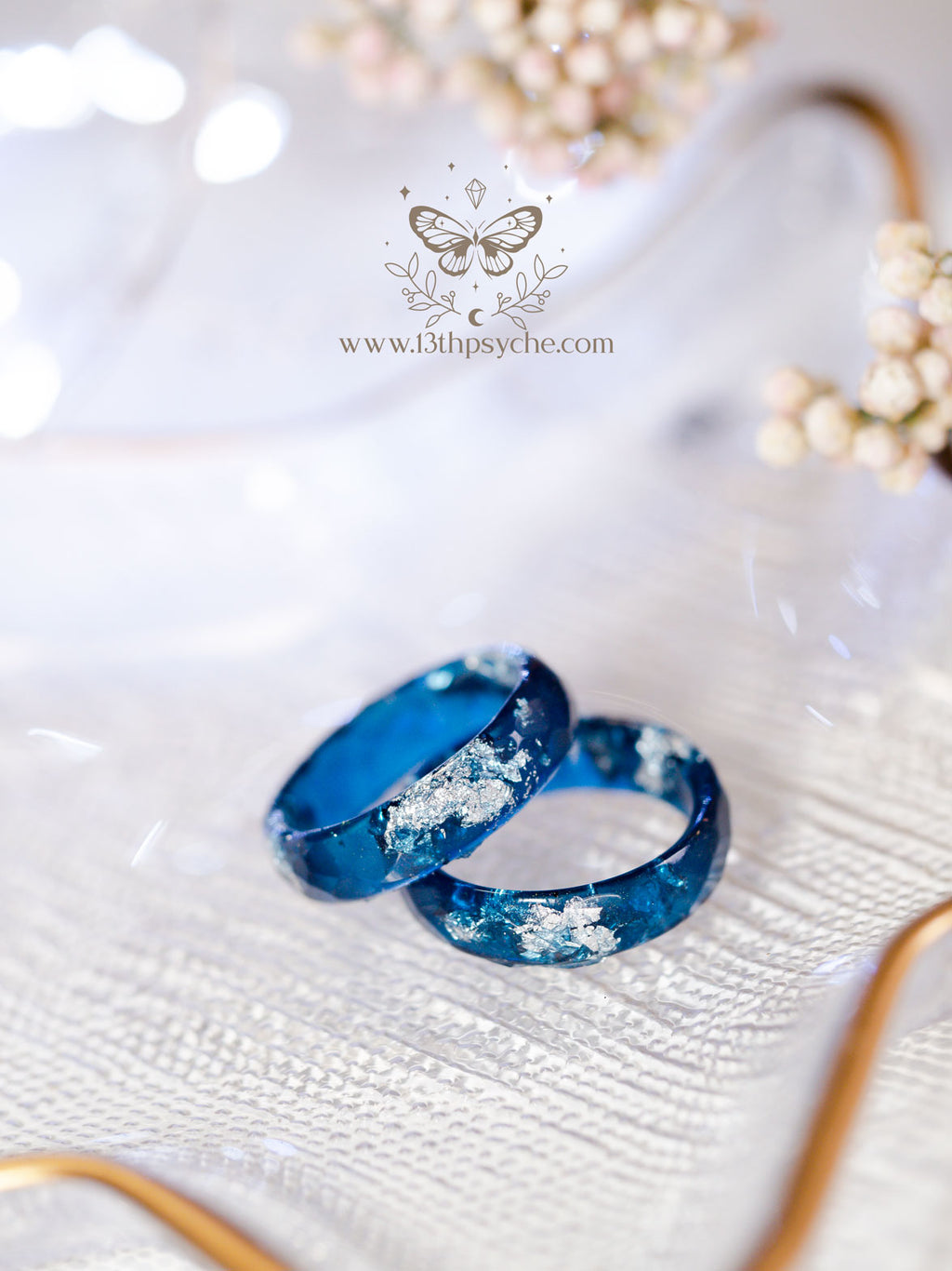 Handmade Dark Blue and gold or silver flakes faceted resin ring - 13th Psyche